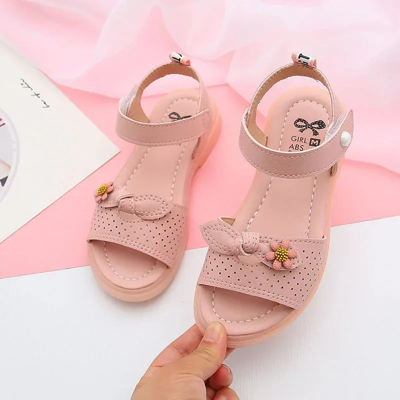 2024 New Girls Sandals Hollow Bow Flowers Cute Children Fashion Princess Casual Shoes Platform Summer Hook & Loop Soft Versatile