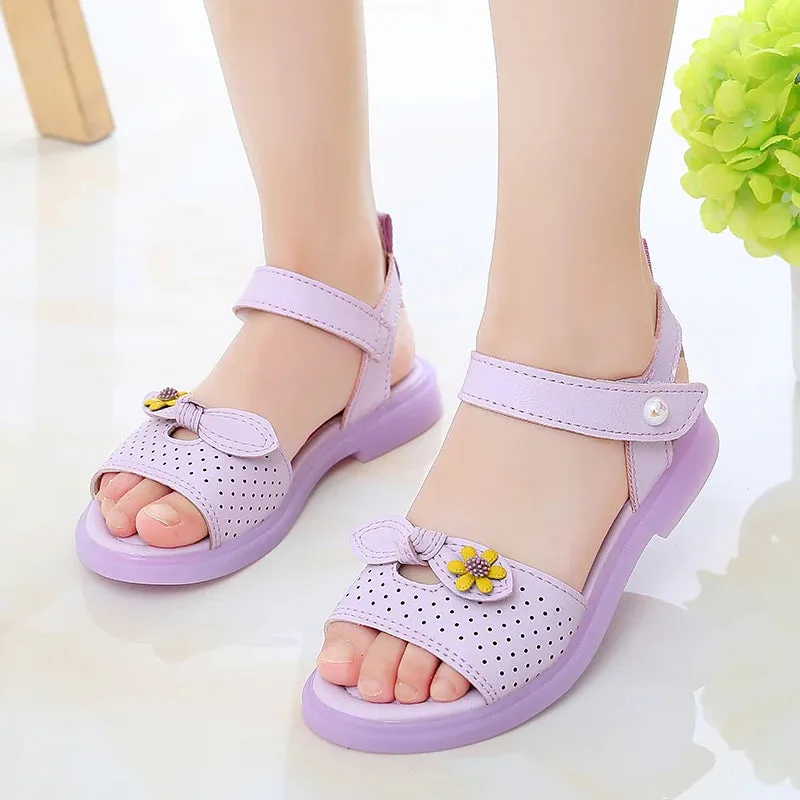 2024 New Girls Sandals Hollow Bow Flowers Cute Children Fashion Princess Casual Shoes Platform Summer Hook & Loop Soft Versatile