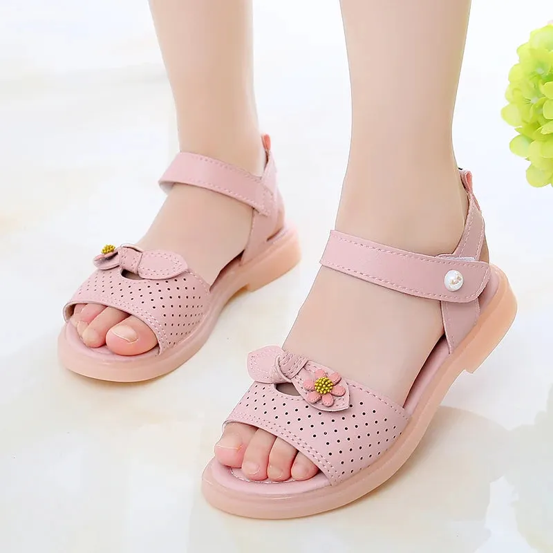 2024 New Girls Sandals Hollow Bow Flowers Cute Children Fashion Princess Casual Shoes Platform Summer Hook & Loop Soft Versatile