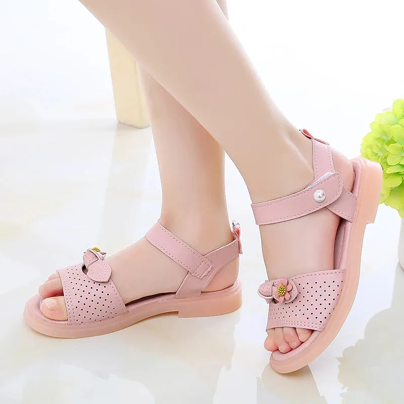 2024 New Girls Sandals Hollow Bow Flowers Cute Children Fashion Princess Casual Shoes Platform Summer Hook & Loop Soft Versatile