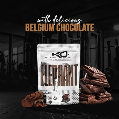 ABSOLUTE NUTRITION Knockout Elephant Mass Gainer Powder (Belgium Chocolate 1Kg) With Enhanced Mass Gaining Formula, 65G Complex Carbs, 20G Protein For Healthy Body Gains