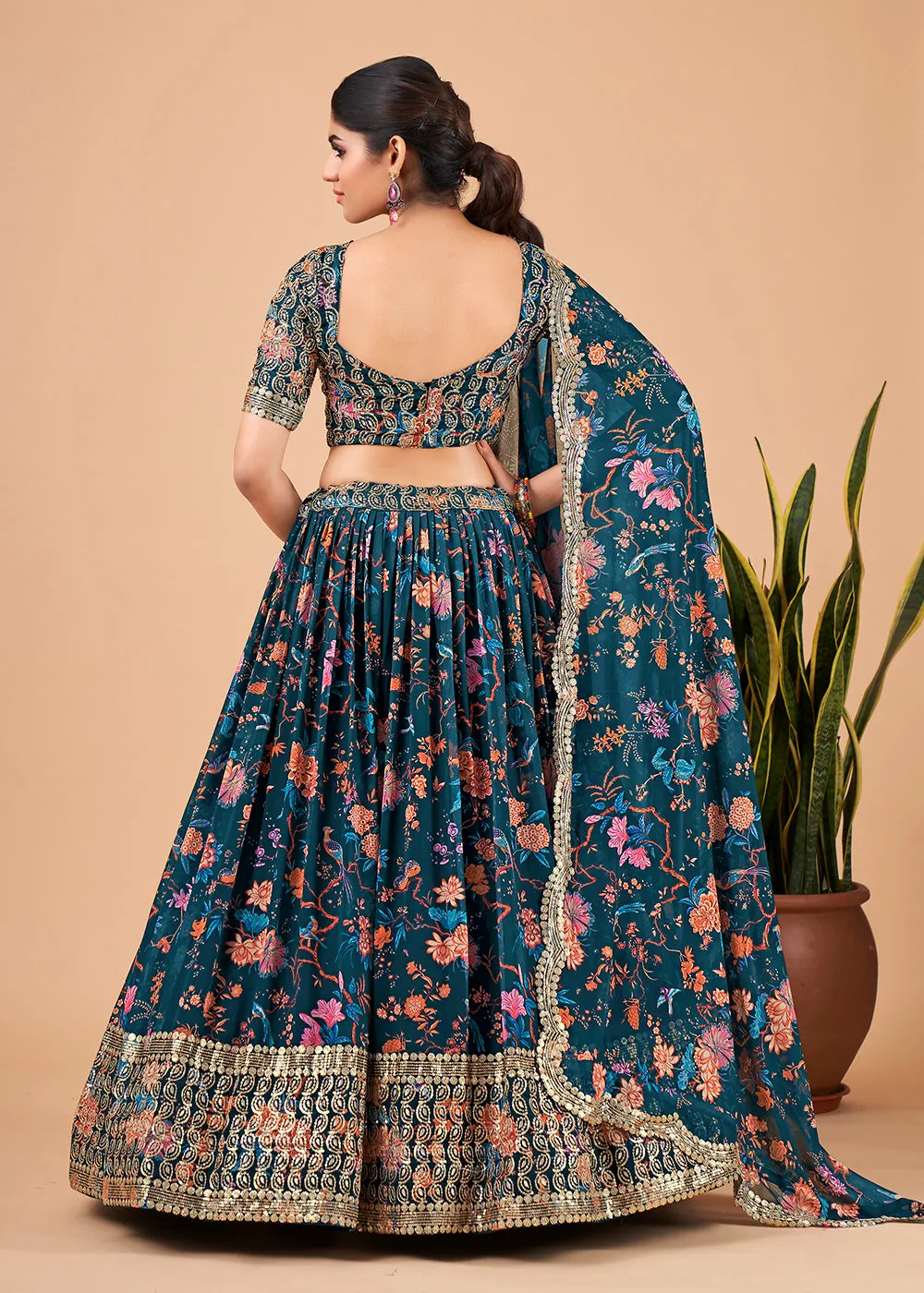 Awesome Teal Blue Floral Printed Georgette Lehenga Choli