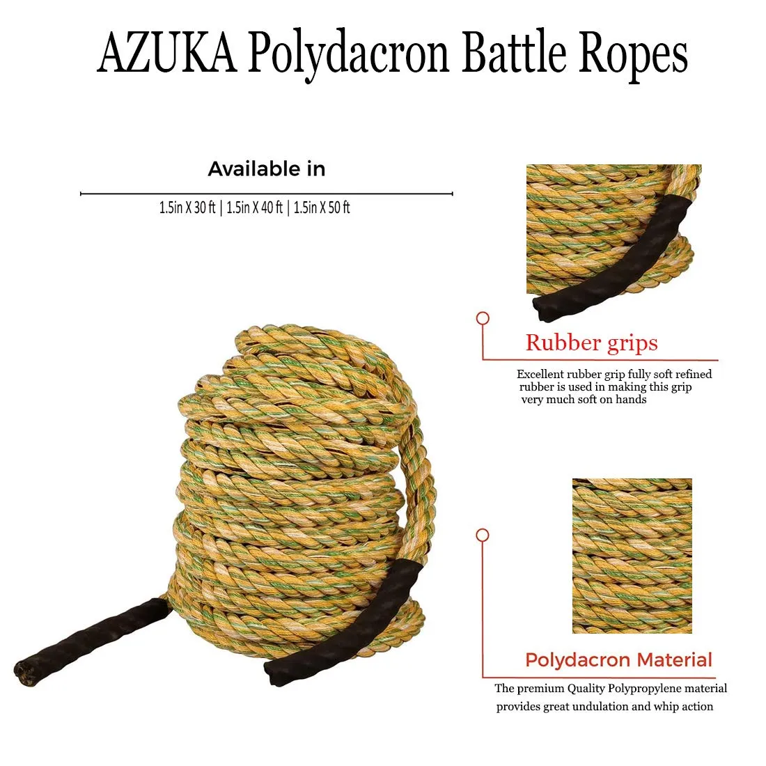 AZUKA® Ultimate Fitness Strength Training Battle Rope 1.5inch 30ft,Weight-7kg (Multicolour)