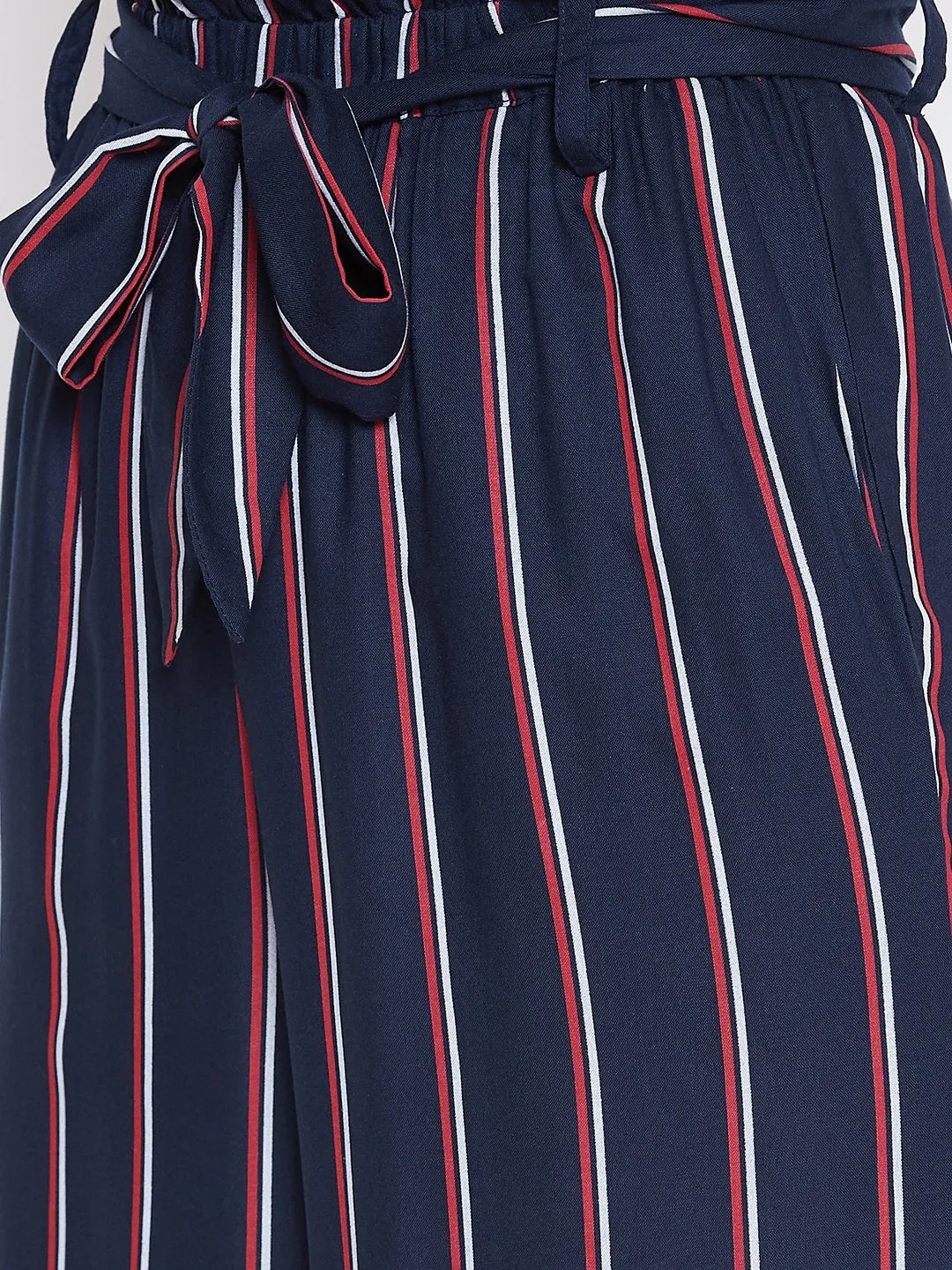 Berrylush Women Navy Blue & Red Striped Pattern Waist Tie-Up Mid-Rise Pleated Parallel Trousers