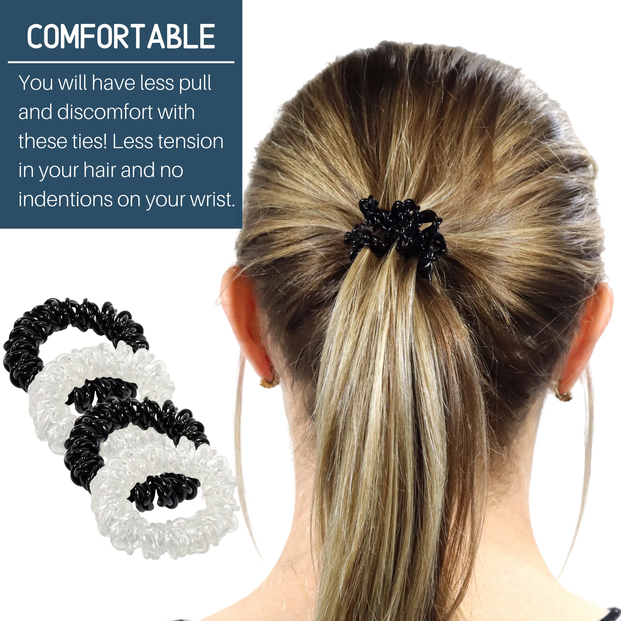 Black and Clear Spiral Hair Ties - 6 Pack