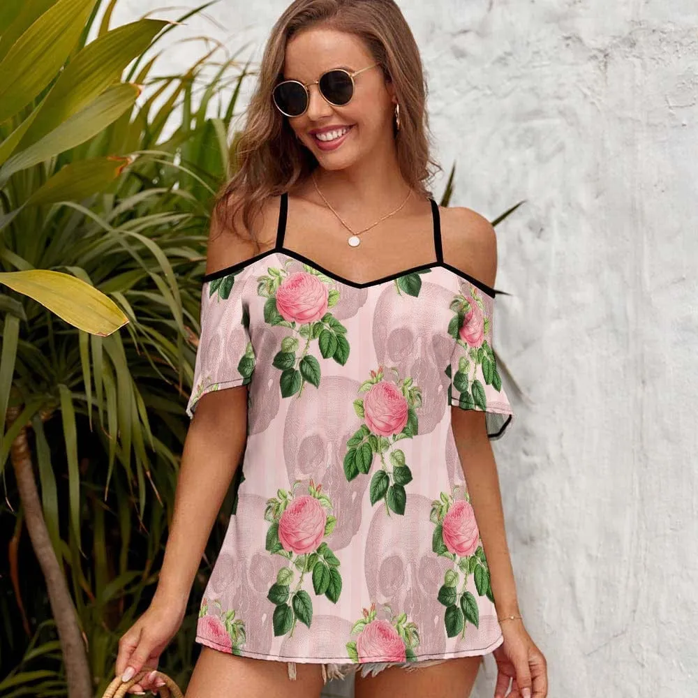 Casual Ladies Pink Skull Floral Off Shoulder Sling Short Sleeve Top