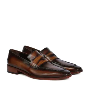 Cognac Sleek Toe Leather Loafers with Contrasting Darker Laser Engraved Strap