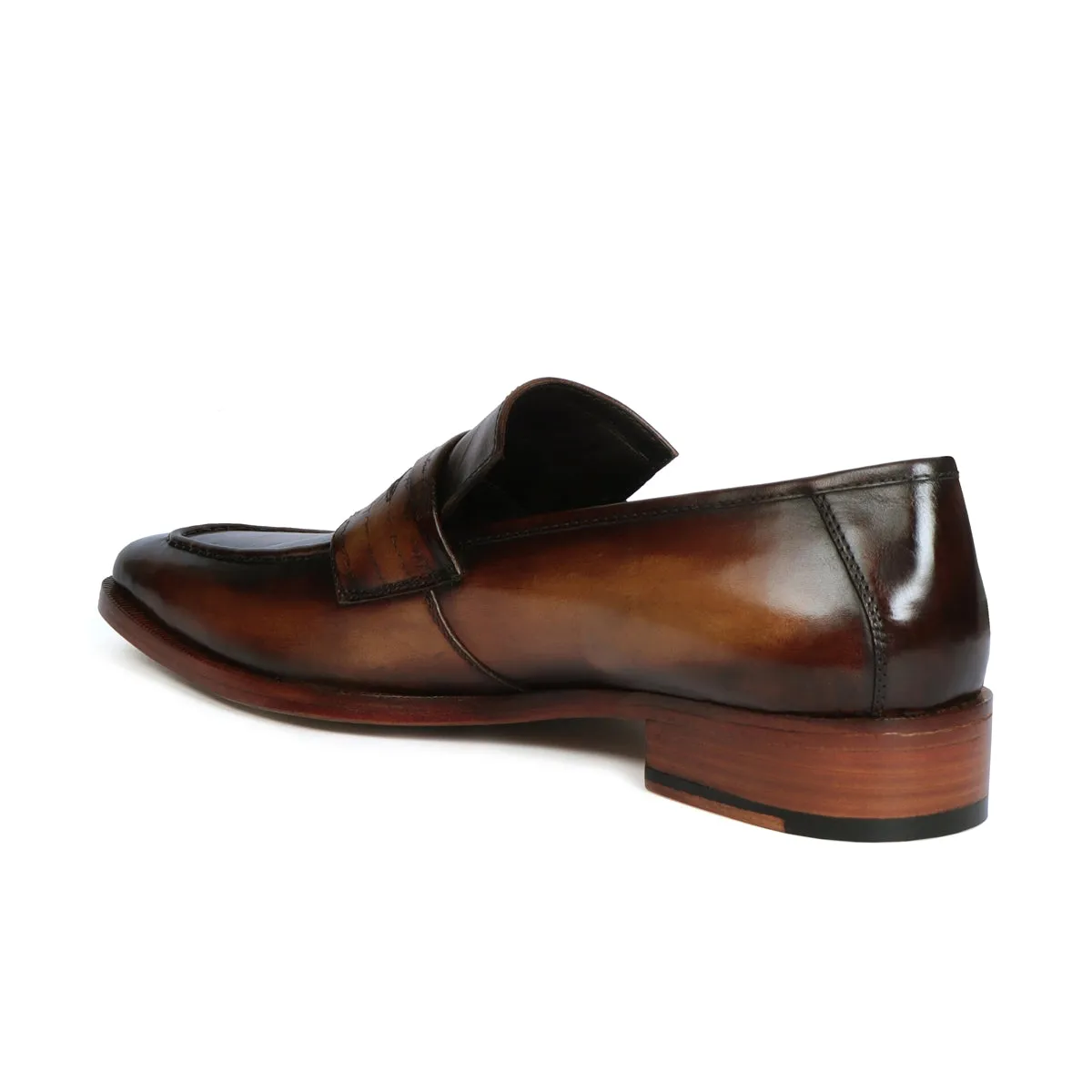 Cognac Sleek Toe Leather Loafers with Contrasting Darker Laser Engraved Strap