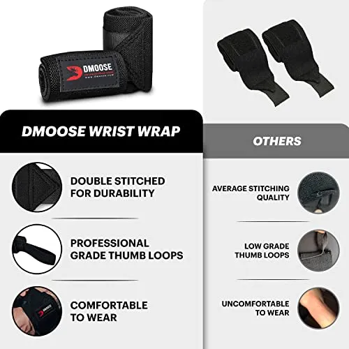 DMoose Wrist Straps for Weightlifting 12 and 18 Inches Thumb Loops with Wrist Support for Workouts Powerlifting Wrist Straps for Weight Lifting Men and Women Black II