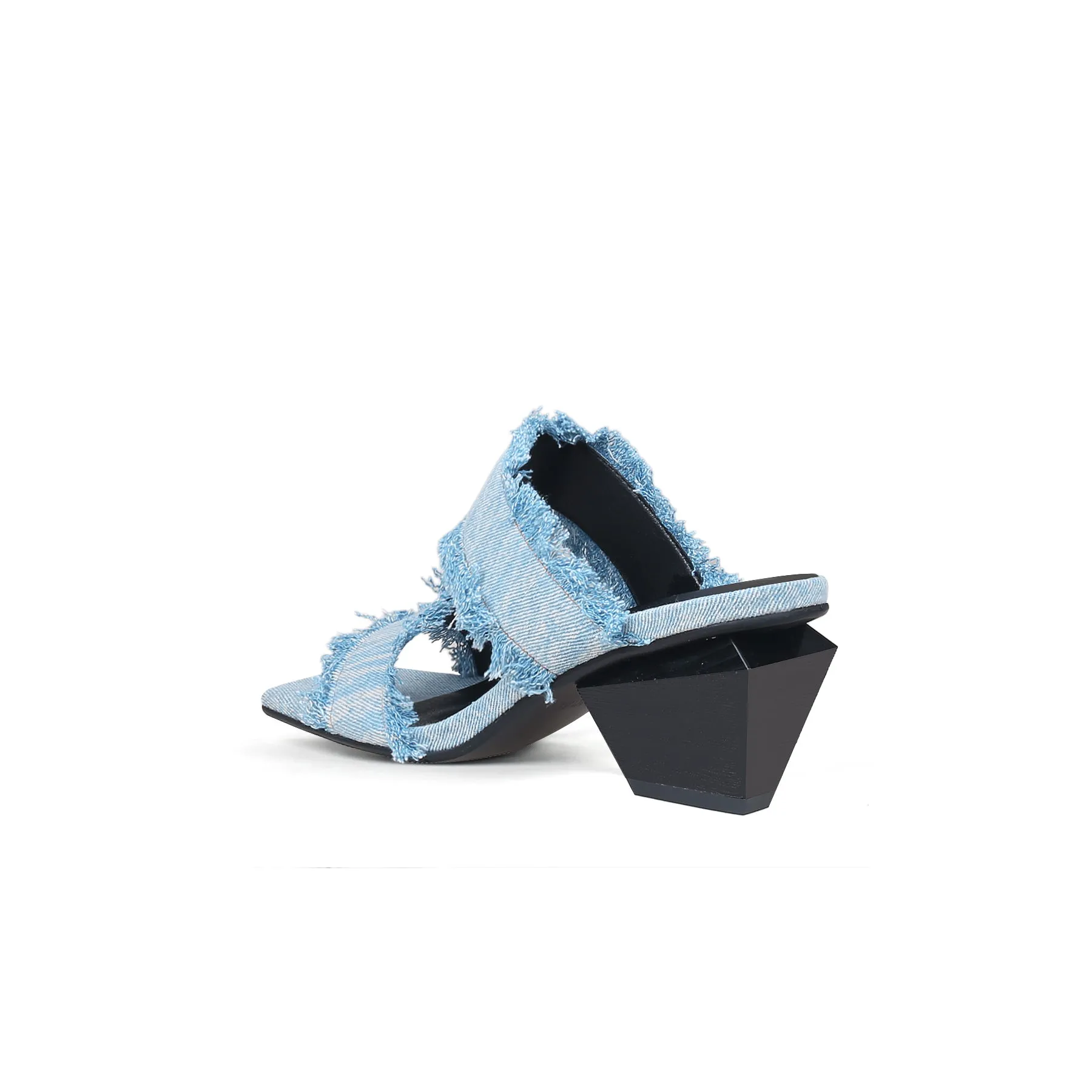 Double Strap Fringed Denim Square Toe Mules