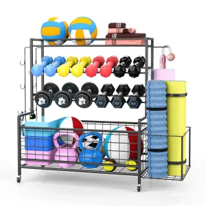 Dumbbell Rack, Balls Workout Equipment Storage Organizer Yoga Mat with Hooks and Wheels