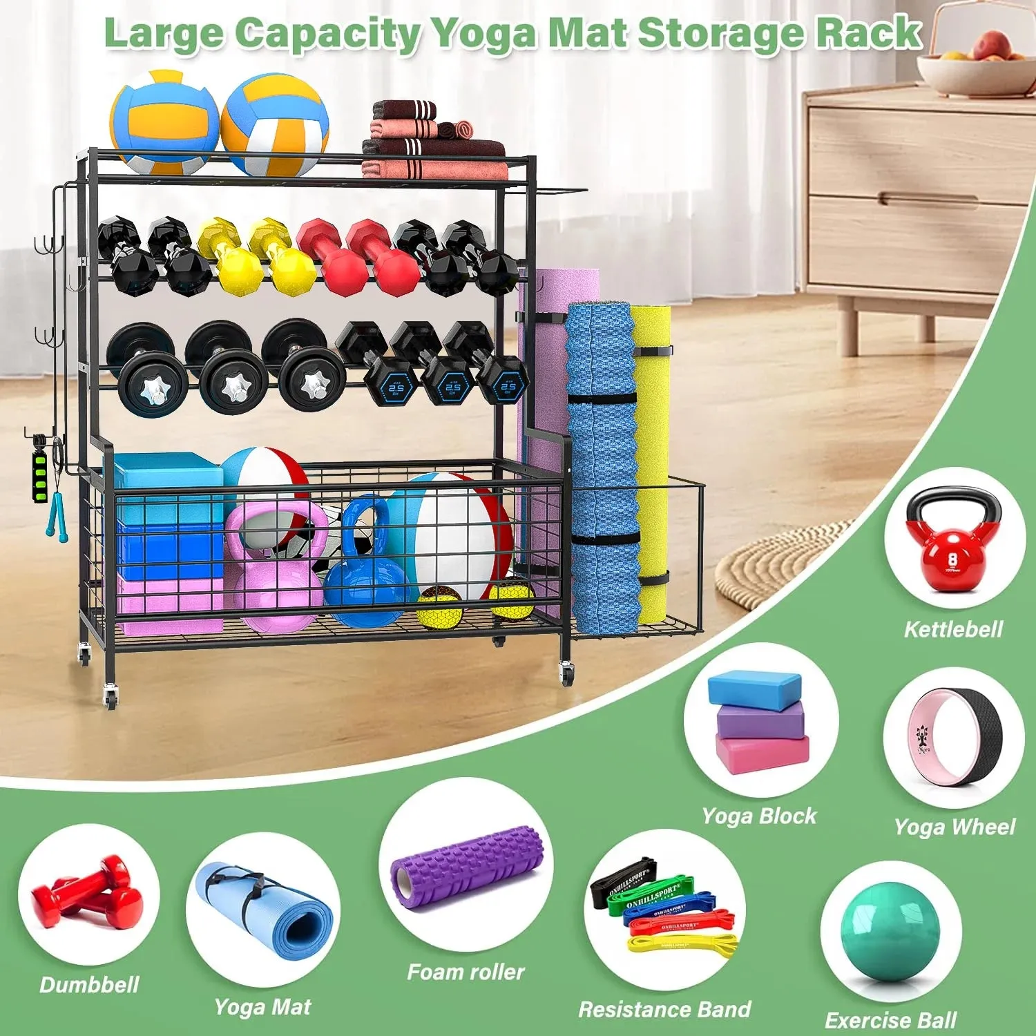 Dumbbell Rack, Balls Workout Equipment Storage Organizer Yoga Mat with Hooks and Wheels