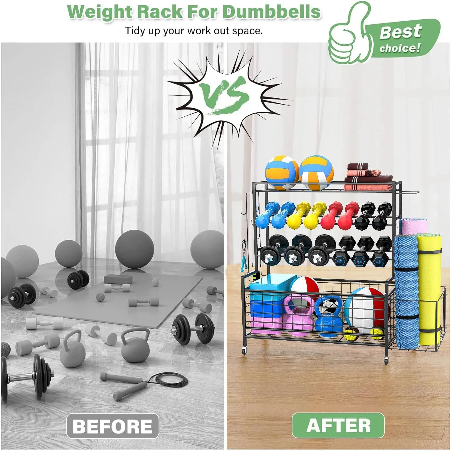 Dumbbell Rack, Balls Workout Equipment Storage Organizer Yoga Mat with Hooks and Wheels