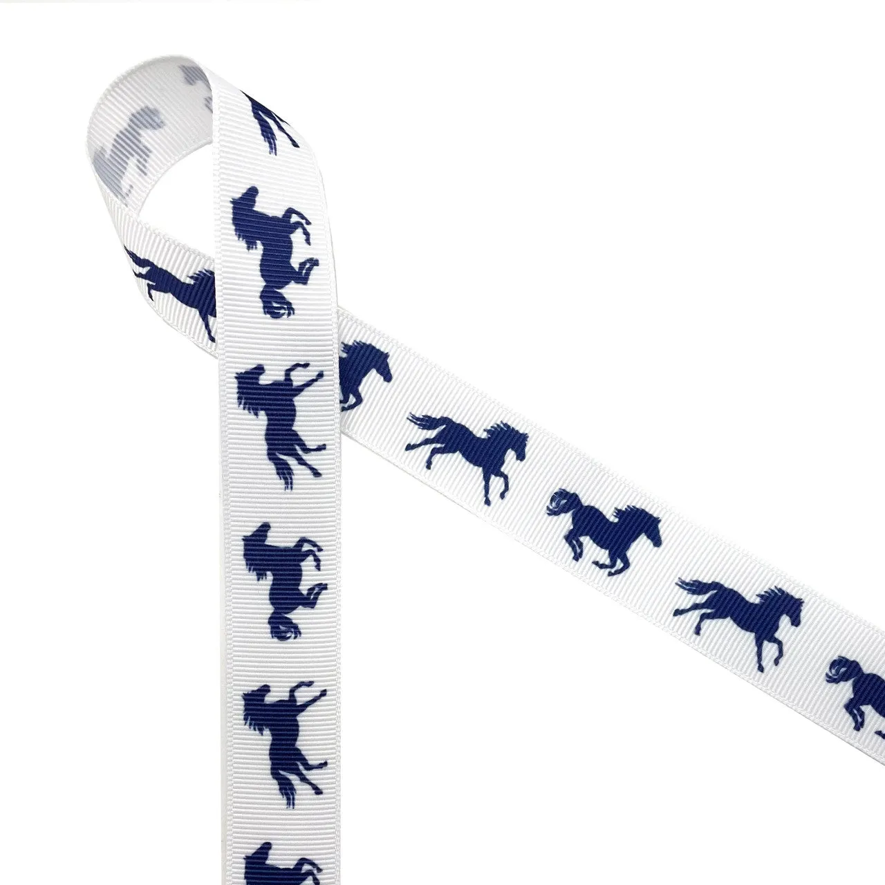 Equestrian ribbon horse running in navy printed on 7/8" grosgrain