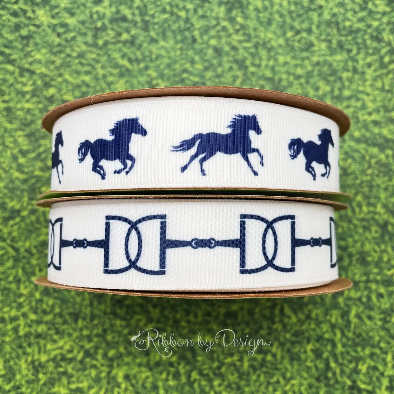 Equestrian ribbon horse running in navy printed on 7/8" grosgrain