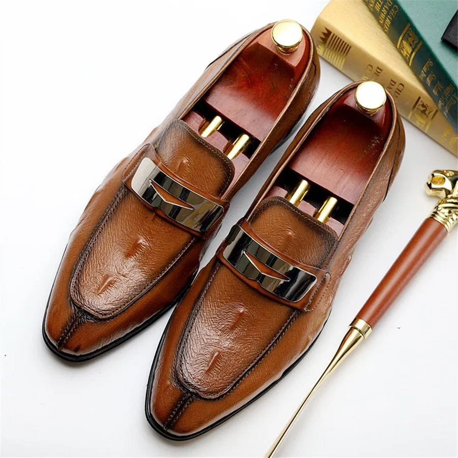 ExoticLux Alligator Texture Slip-On Pointed Toe Loafers