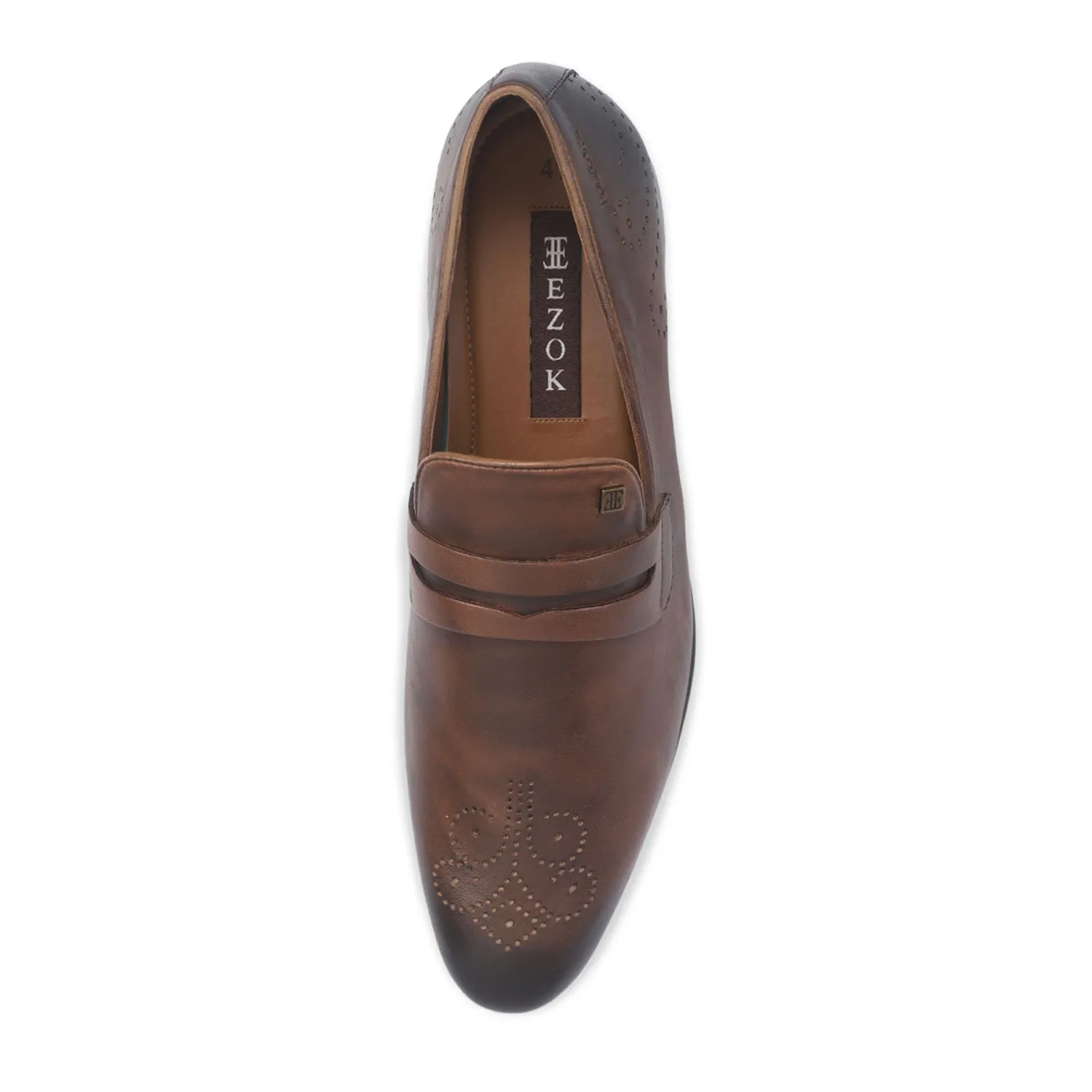 Ezok Men Brown Slip-On Formal Penny Loafers With Perforated Toe Shoes