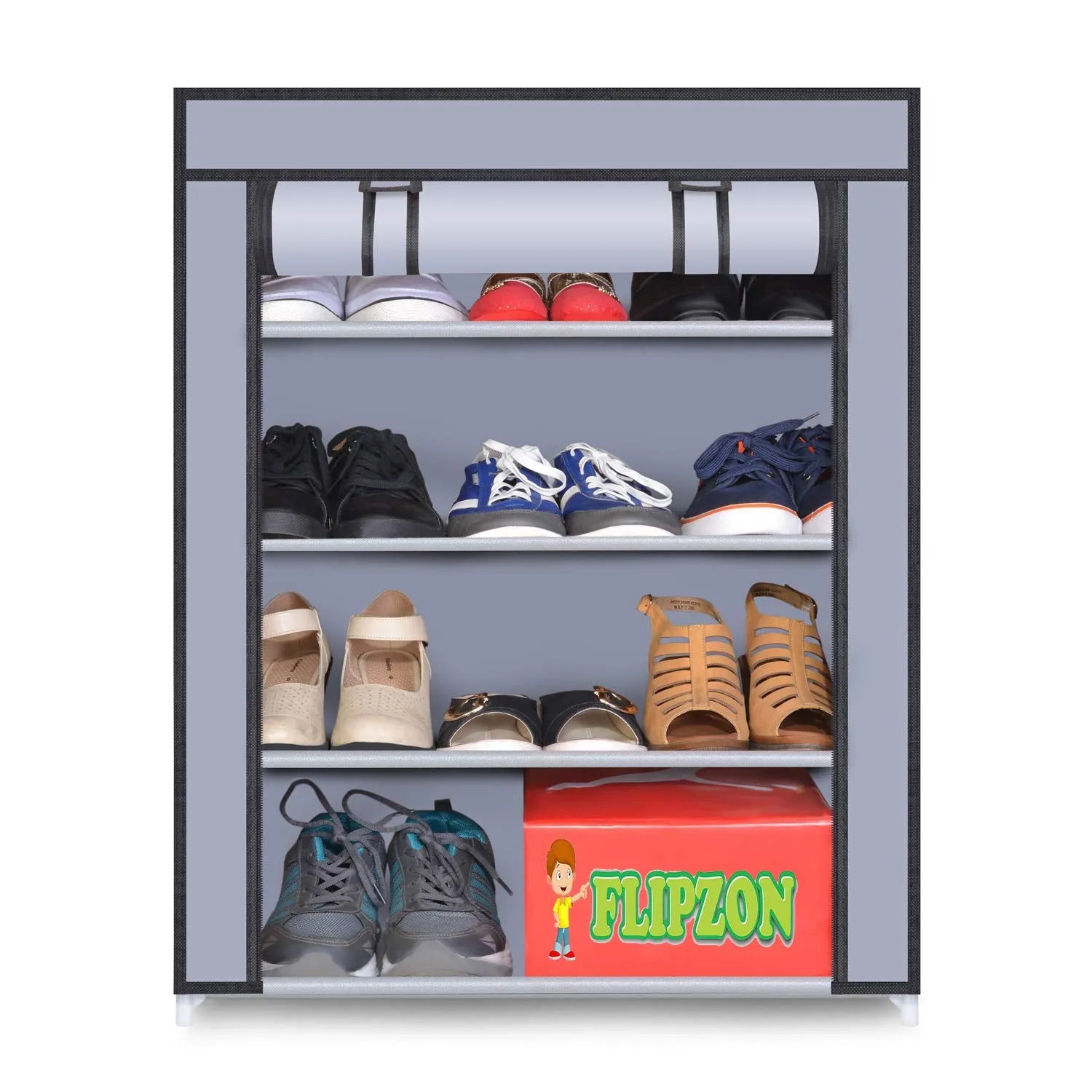 FLIPZON Multipurpose 4-Tiers Shoe Rack With Dustproof Zip Cover, Multiuse Wide Space Storage Rack Made By Non Woven Fabric For Footwear, Toys, Clothes (4 Shelves) (Grey)(Iron Pipes, Non Woven)