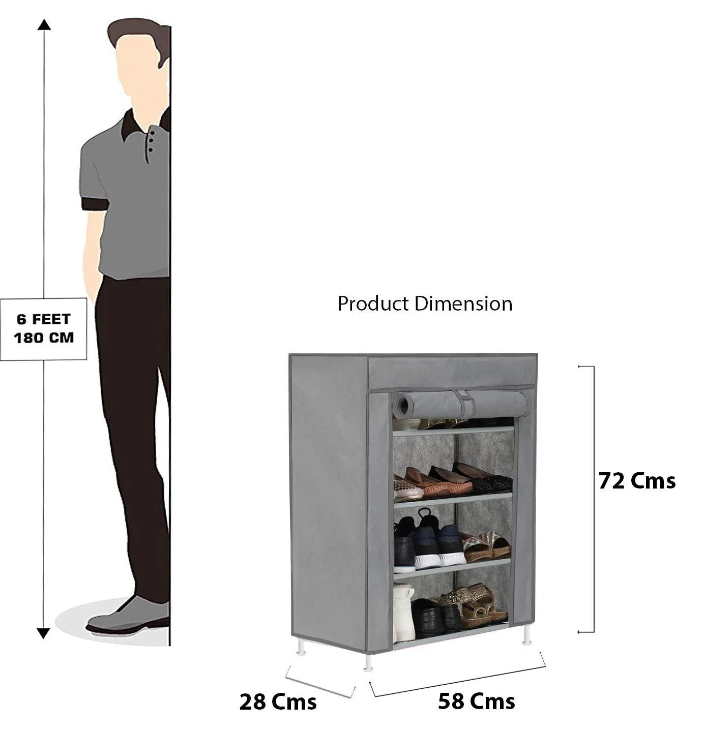 FLIPZON Multipurpose 4-Tiers Shoe Rack With Dustproof Zip Cover, Multiuse Wide Space Storage Rack Made By Non Woven Fabric For Footwear, Toys, Clothes (4 Shelves) (Grey)(Iron Pipes, Non Woven)