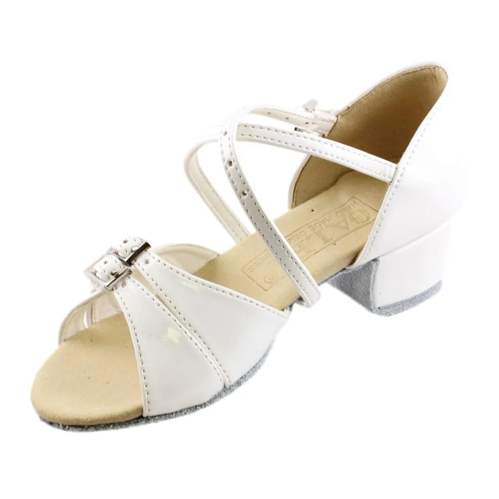 Girls' Latin Dance Shoes, 3066 Tatiana, White Leather & Patent Leather, Block Heel