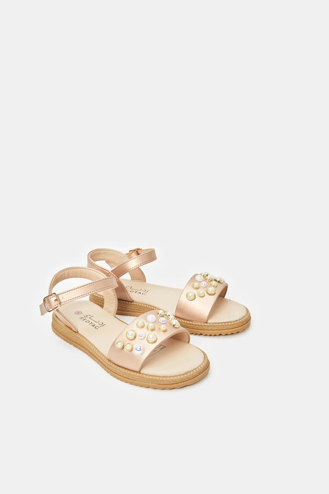 Girls Tan Pearl Embellished Sandals