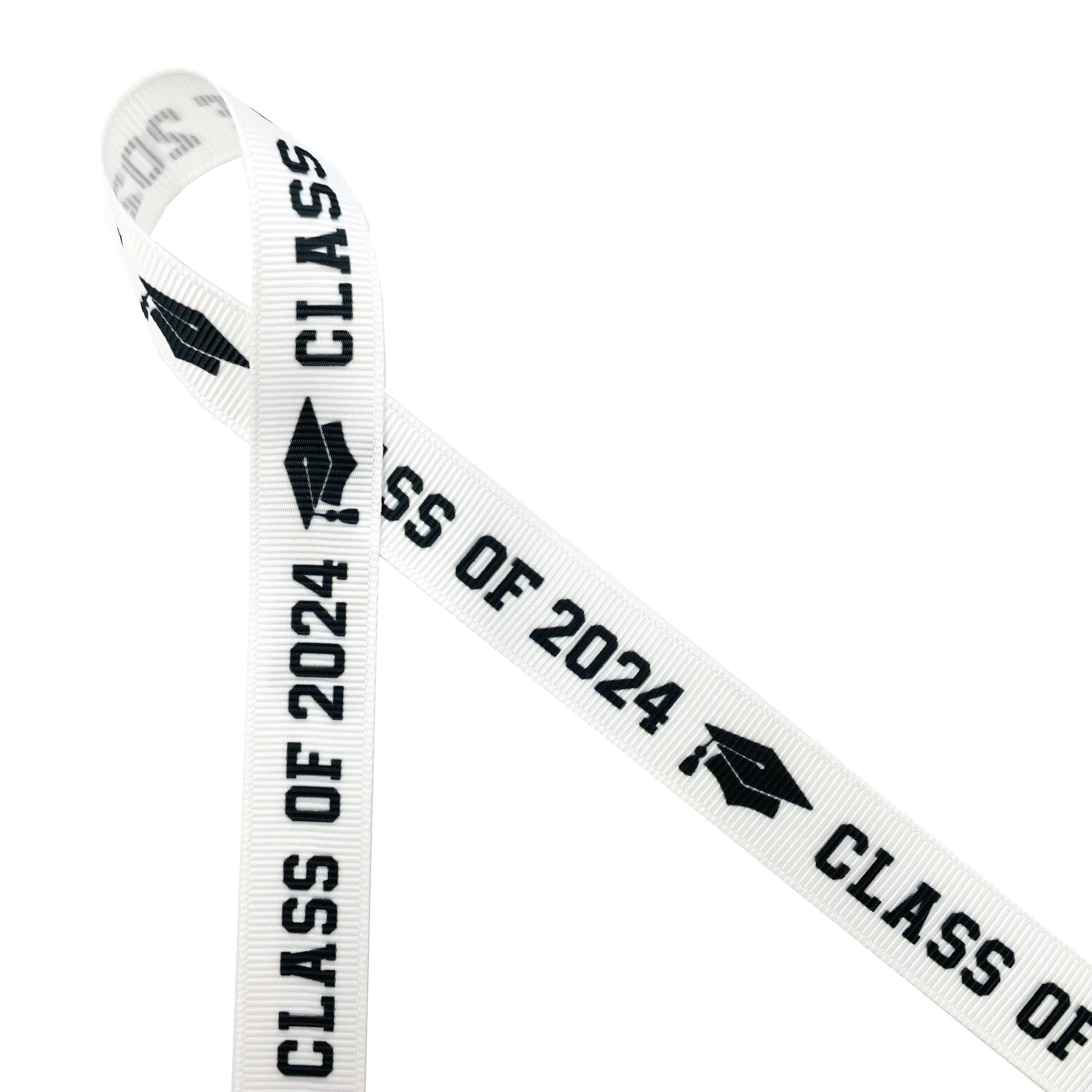 Graduation Class ribbon Class of 2024 in black with a black mortar board printed on 5/8" and 7/8" satin and grosgrain