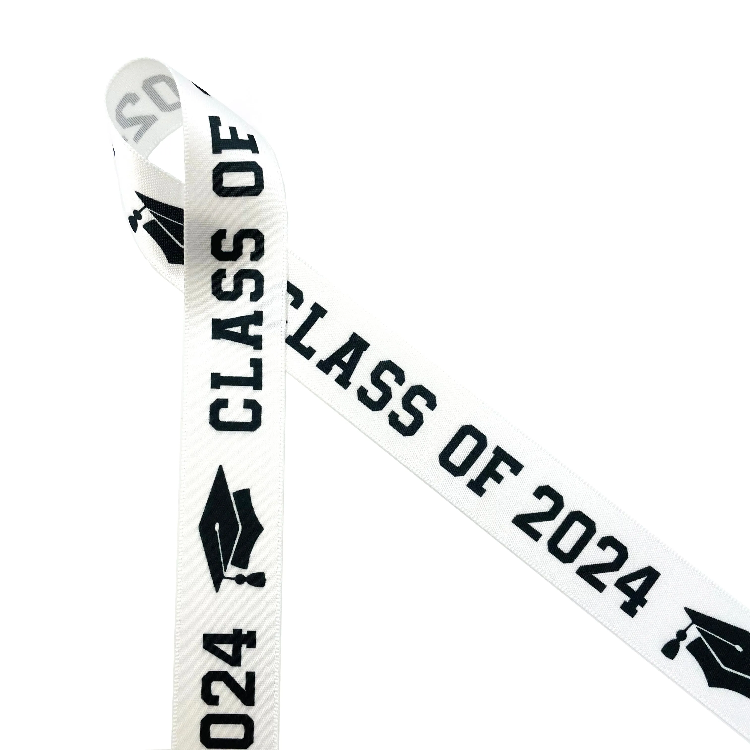 Graduation Class ribbon Class of 2024 in black with a black mortar board printed on 5/8" and 7/8" satin and grosgrain