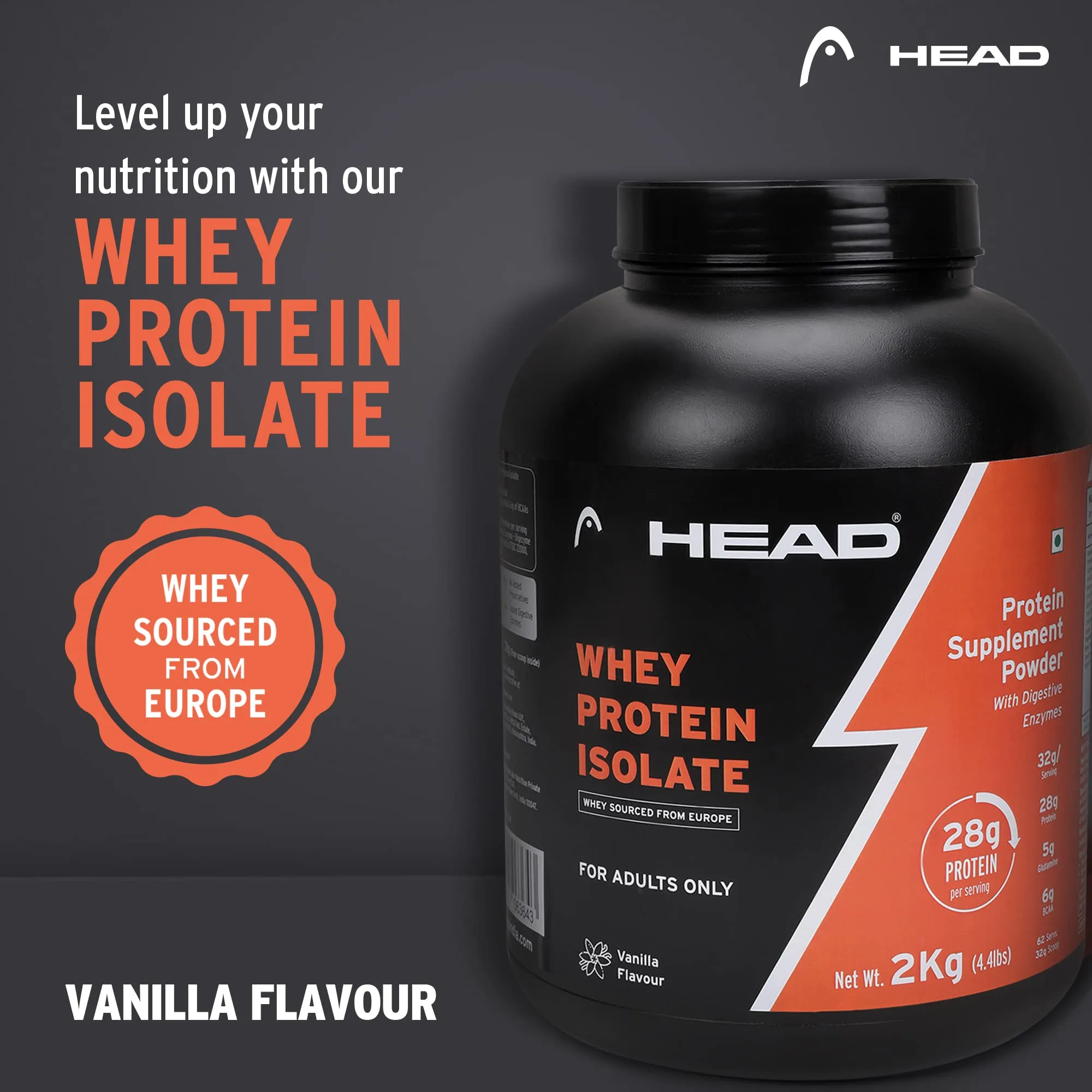 Head Premium 100% Whey Protein Powder Isolate, Pack of 2Kg for Athlete, Vanilla Flavor, 60 Servings, Sports & Fitness Enthusiast, Muscle Strength & Bone Health, Sugarfree - Primary Source - Whey Isolate (Sourced From Europe)