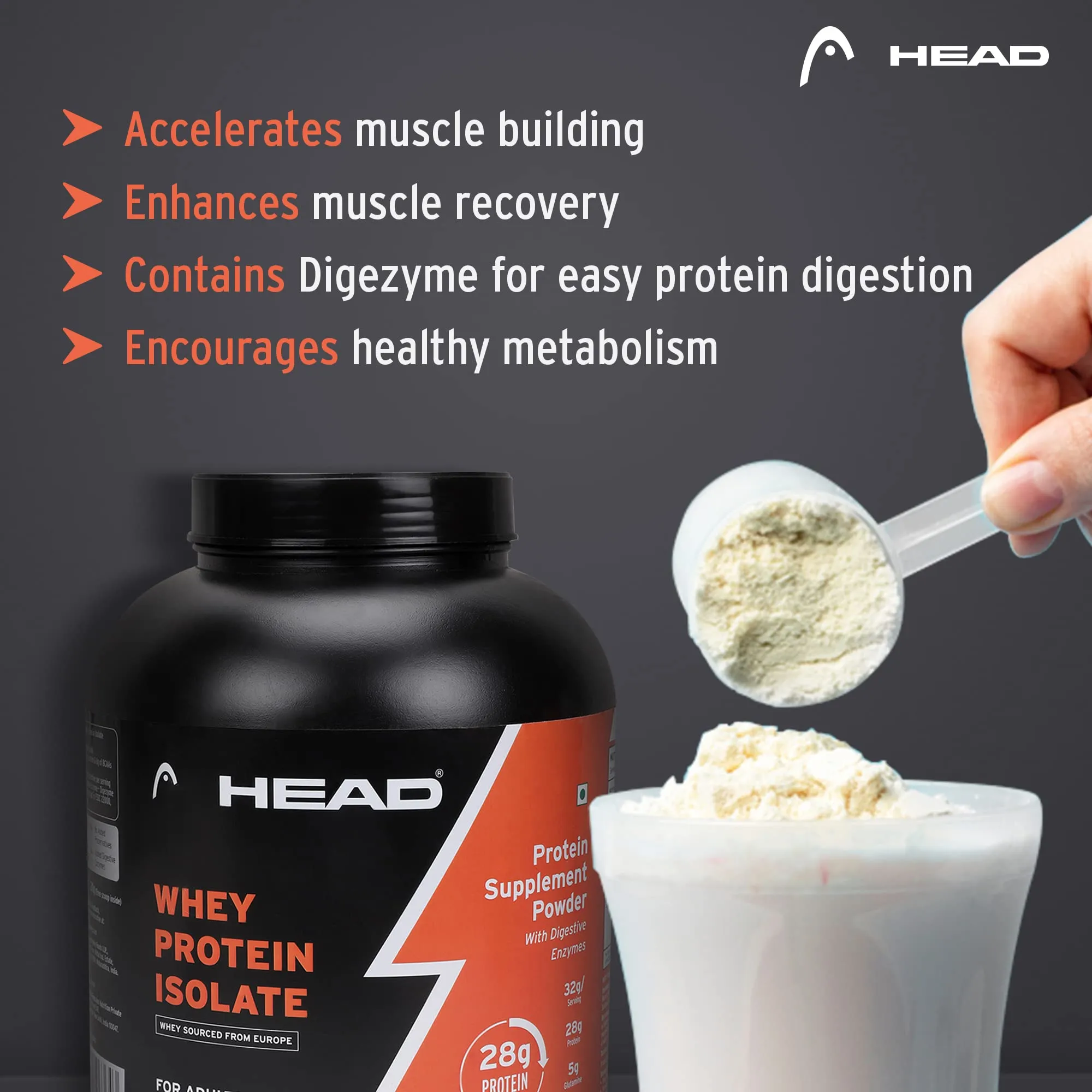 Head Premium 100% Whey Protein Powder Isolate, Pack of 2Kg for Athlete, Vanilla Flavor, 60 Servings, Sports & Fitness Enthusiast, Muscle Strength & Bone Health, Sugarfree - Primary Source - Whey Isolate (Sourced From Europe)