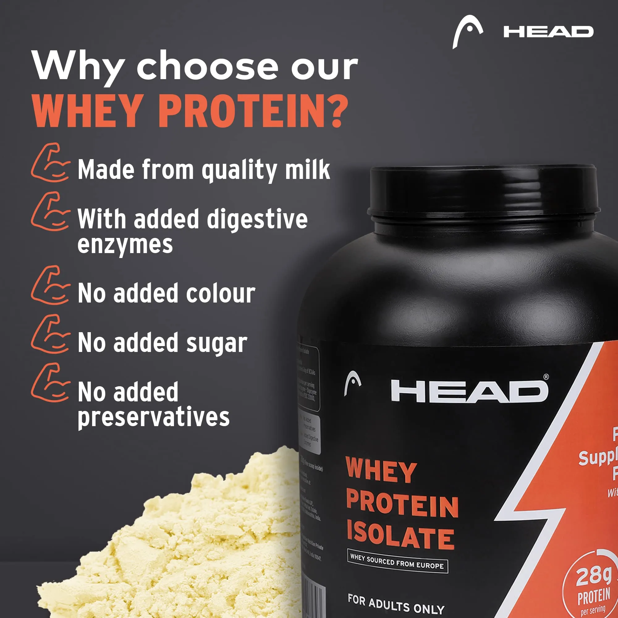 Head Premium 100% Whey Protein Powder Isolate, Pack of 2Kg for Athlete, Vanilla Flavor, 60 Servings, Sports & Fitness Enthusiast, Muscle Strength & Bone Health, Sugarfree - Primary Source - Whey Isolate (Sourced From Europe)