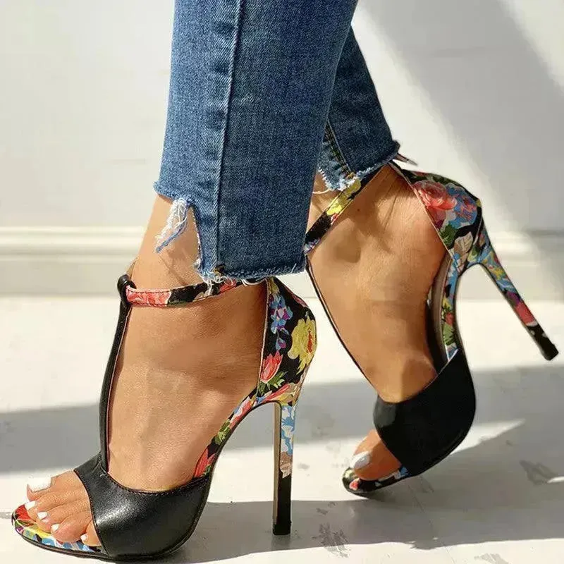 High heel buckle chunky heel floral sandals