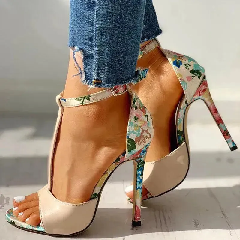 High heel buckle chunky heel floral sandals