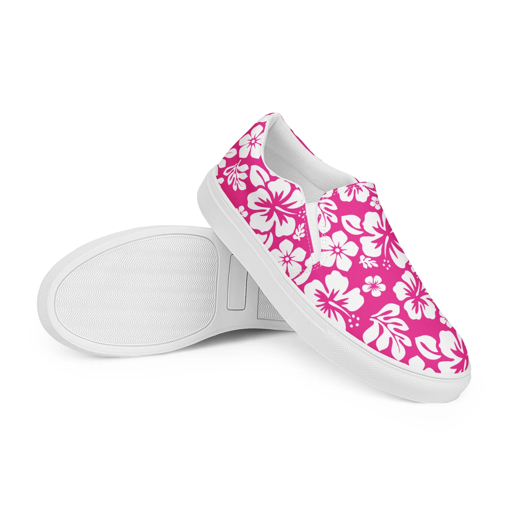 Hot Pink Hawaiian Flowers Men’s Slip On Canvas Shoes