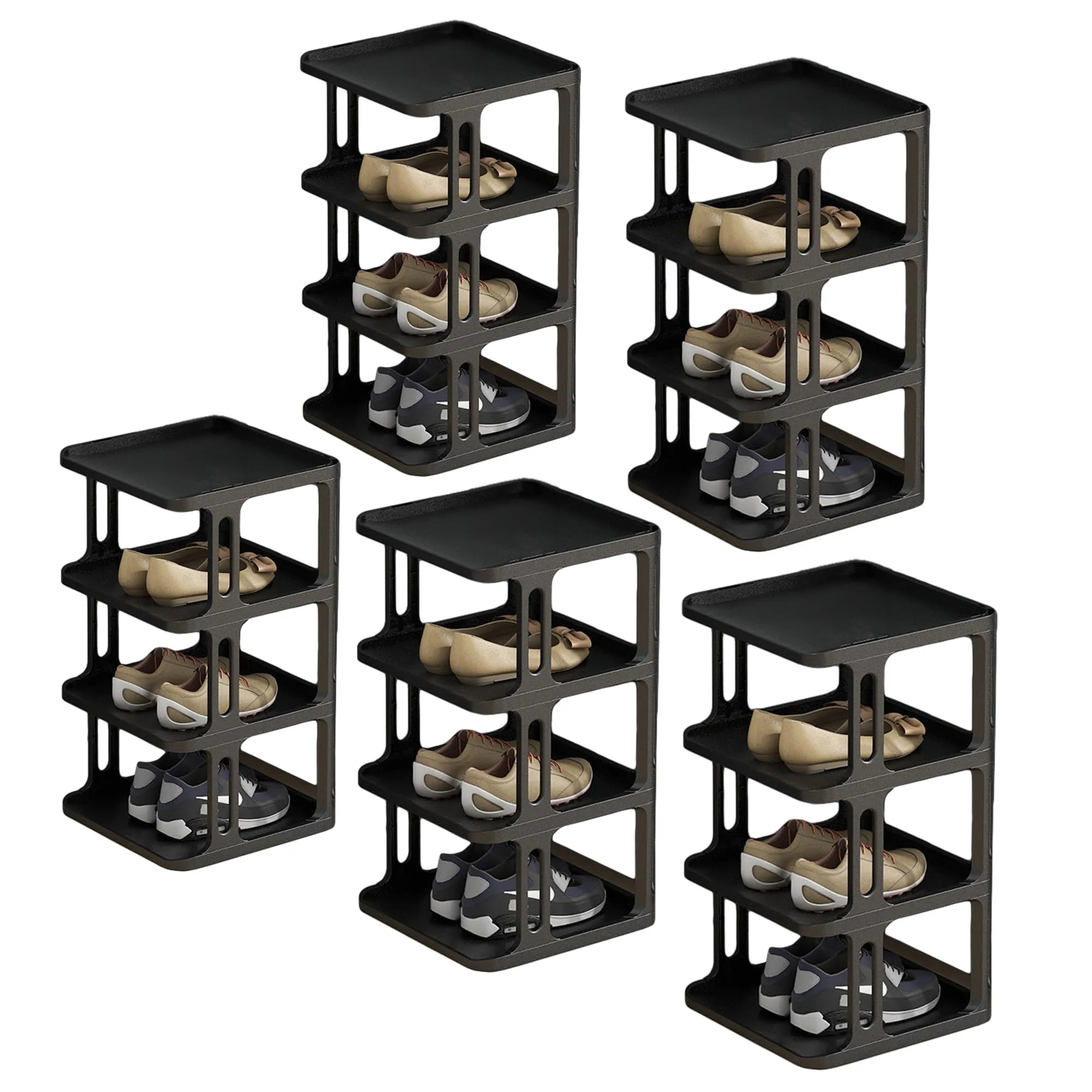 Kuber Industries (Set of 5) Waterproof Plastic Chappal Stand for Slipper & Footwear | 4-Layer Portable Shoe Rack For Home | Collapsible Design - Black