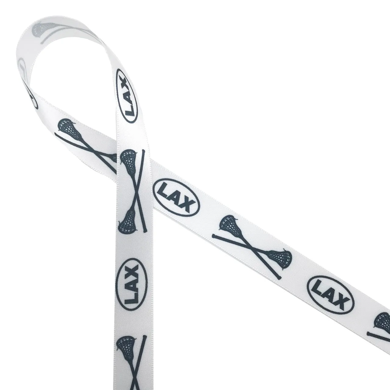 Lacrosse Ribbon printed in black on 5/8" white single face satin