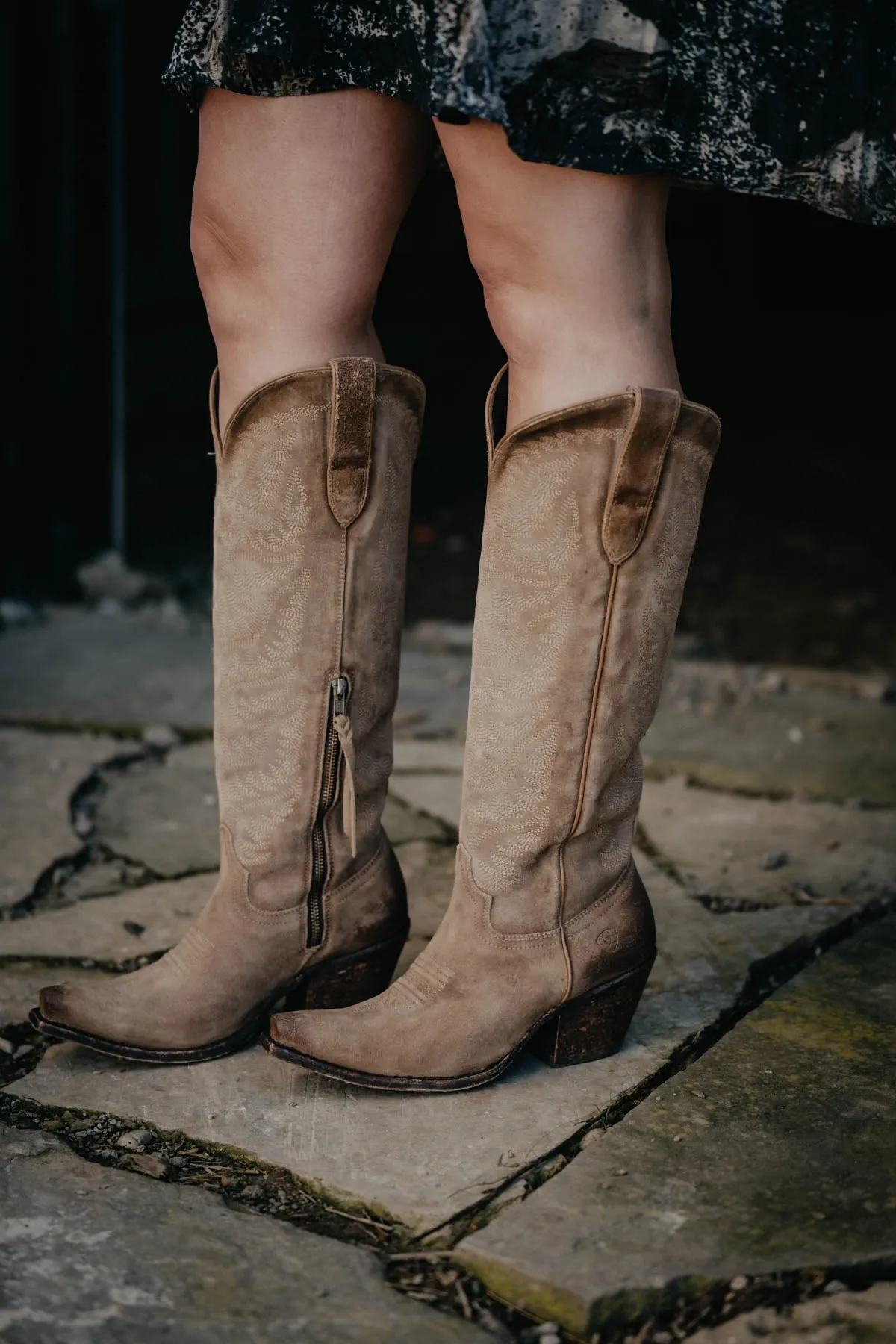 'Laramie' Ariat Tall Suede Western Boot with Calf Stretch Fit {Distressed Dijon}