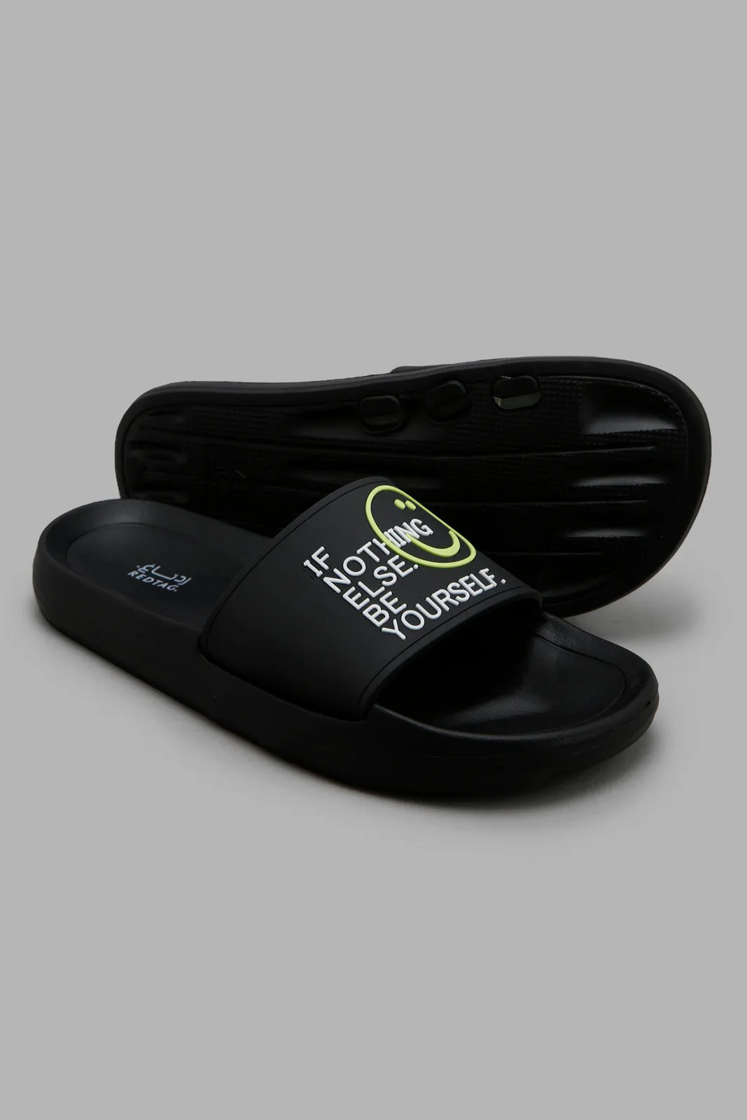 Men Black Slogan Embossed Slide