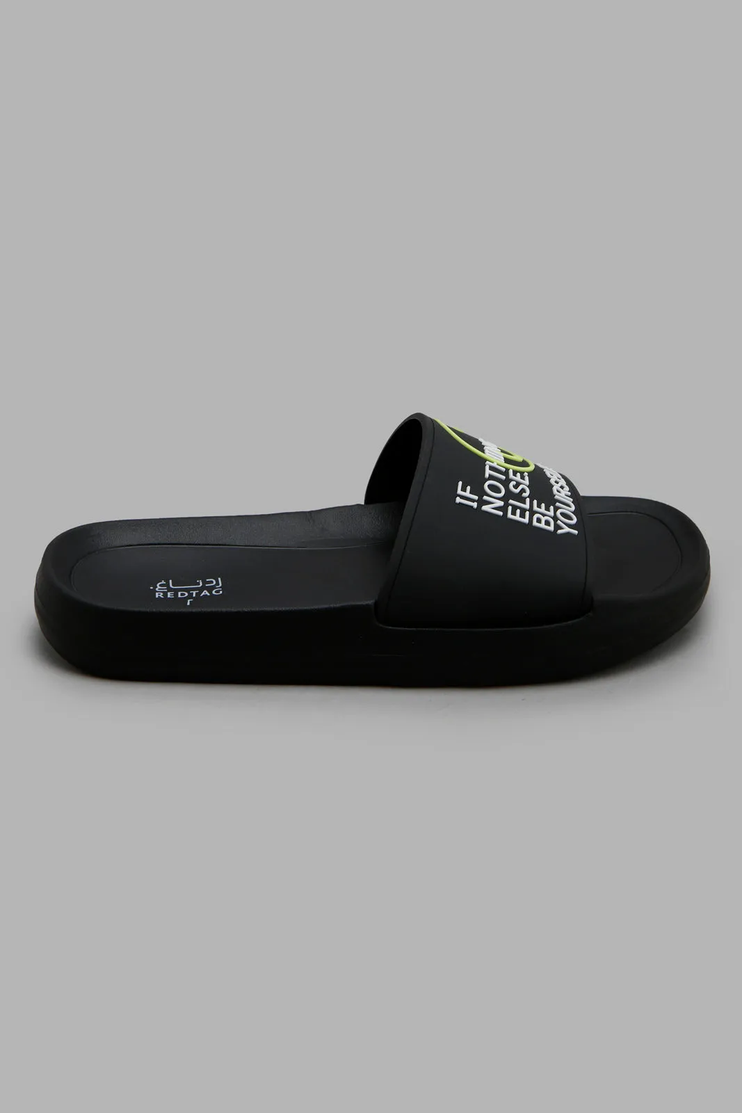 Men Black Slogan Embossed Slide