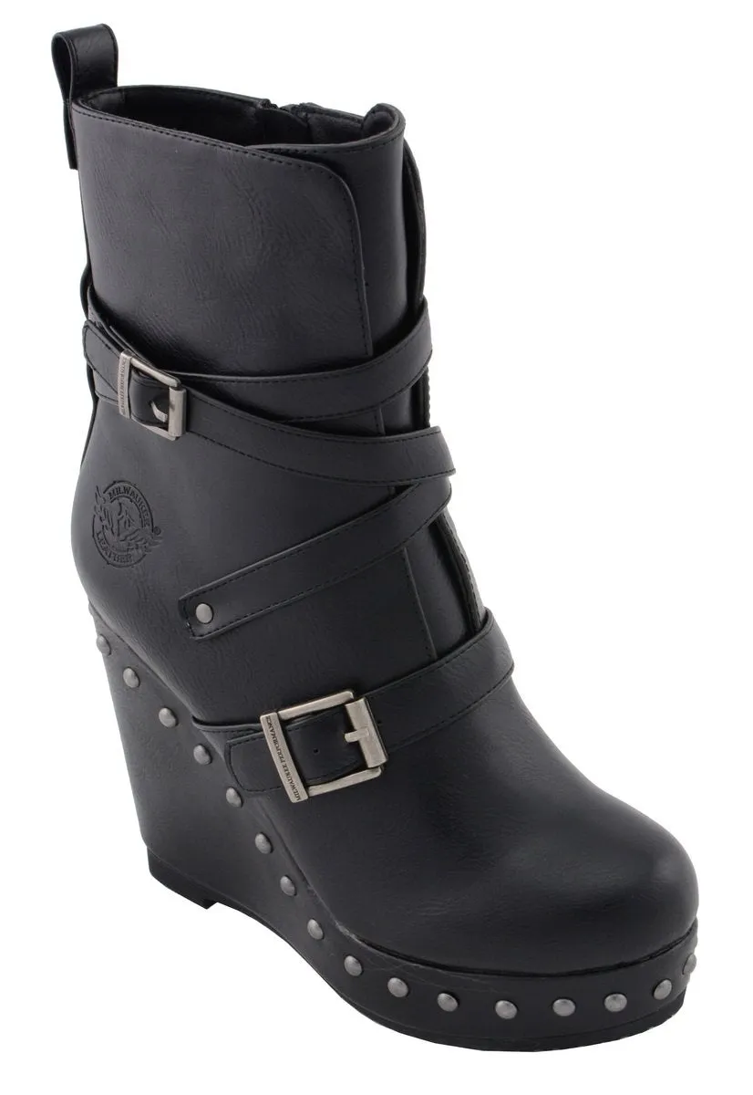 Milwaukee Leather Women's Black Triple Strap Fashion Boots with Platform Wedge MBL9437