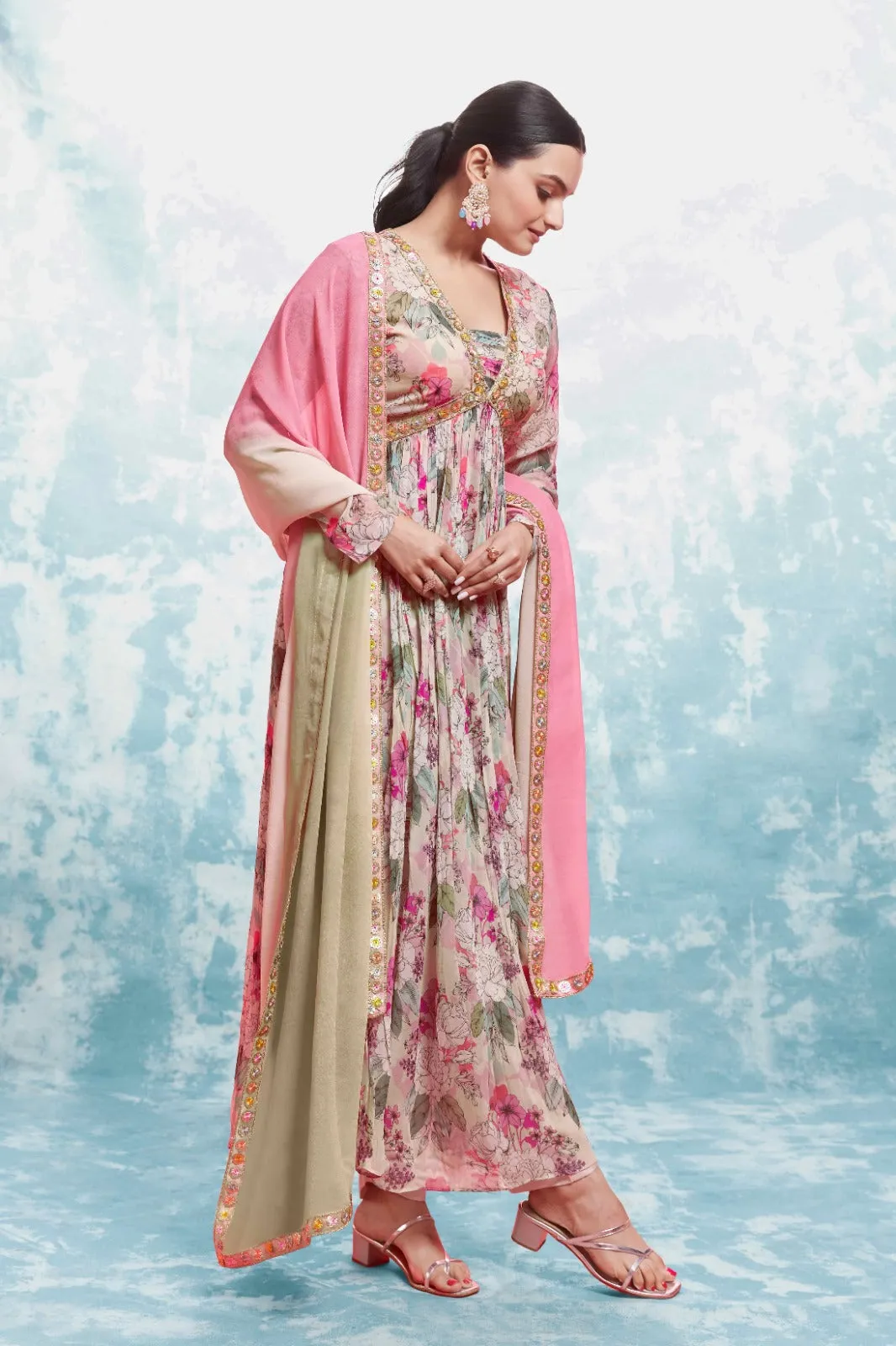 Multi-Colored Georgette Suit Set with Printed & Embroidered Work