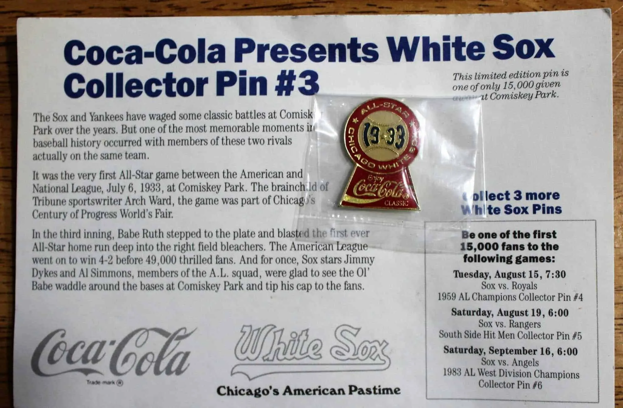 Pin, Coca-Cola White Sox, Comiskey Park Commemorative Pin, NOS 1983