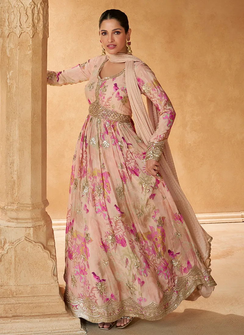 Pink Floral Print Embroidered Anarkali Gown