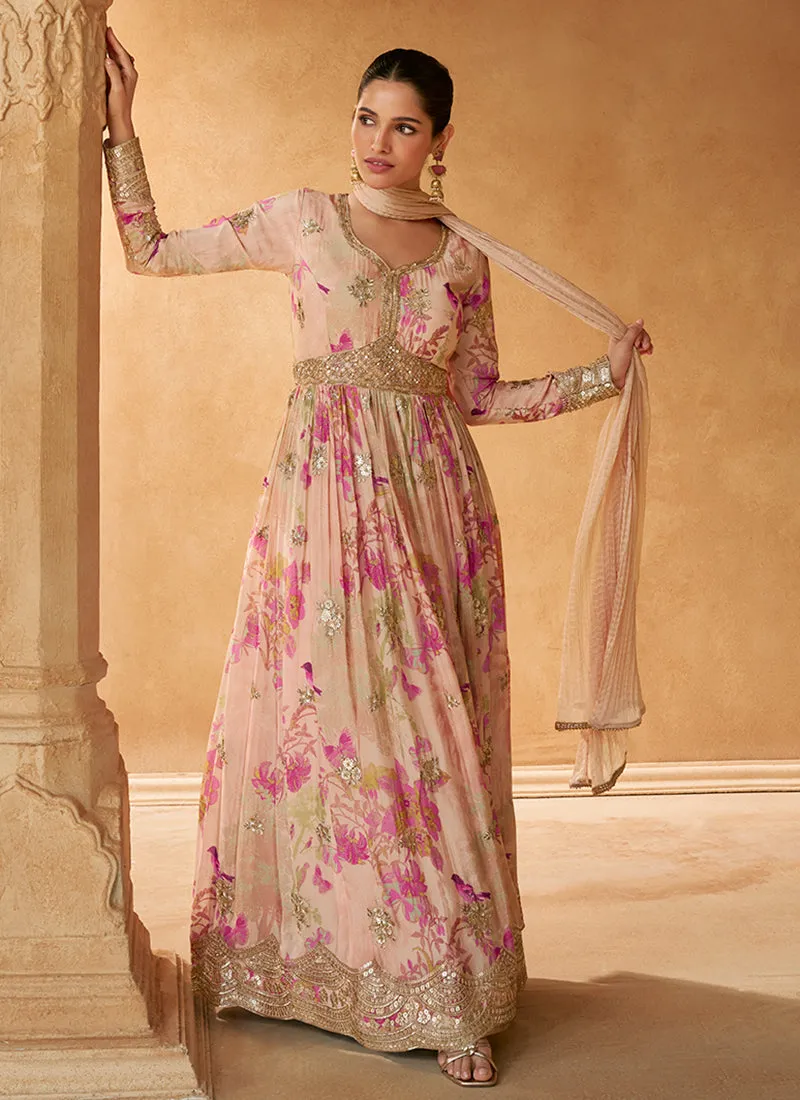 Pink Floral Print Embroidered Anarkali Gown