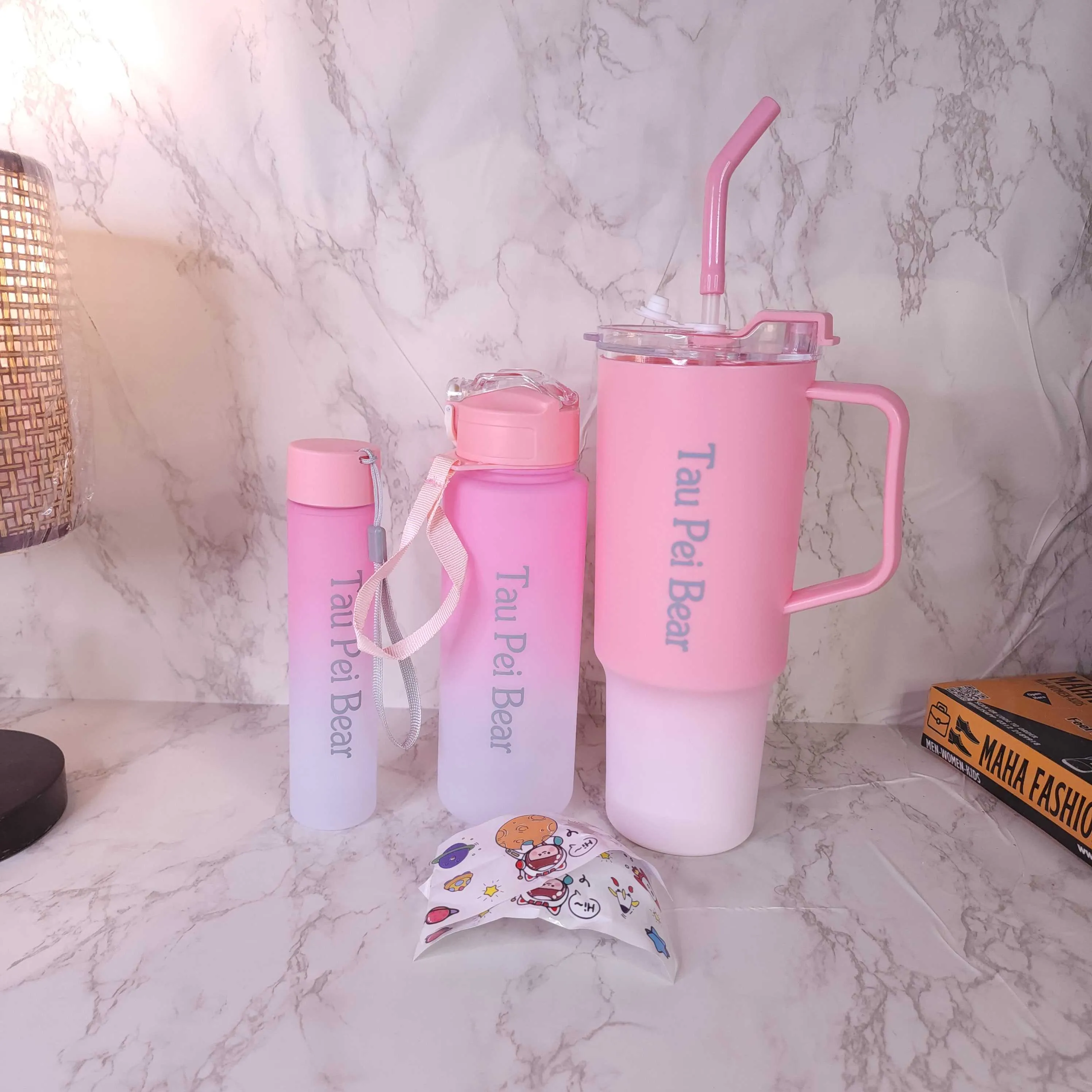 Pink Tau Pei Bear Portable Sports Water Bottle 3Pcs Set