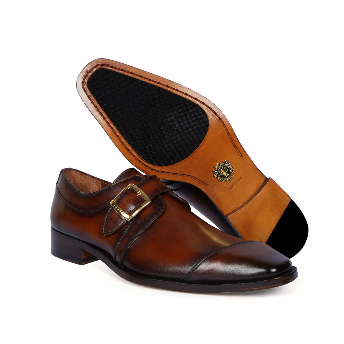 Single Monk Formal Shoes in Espresso Leather Slant Cap Toe Laser Engraved Top Line By Brune & Bareskin