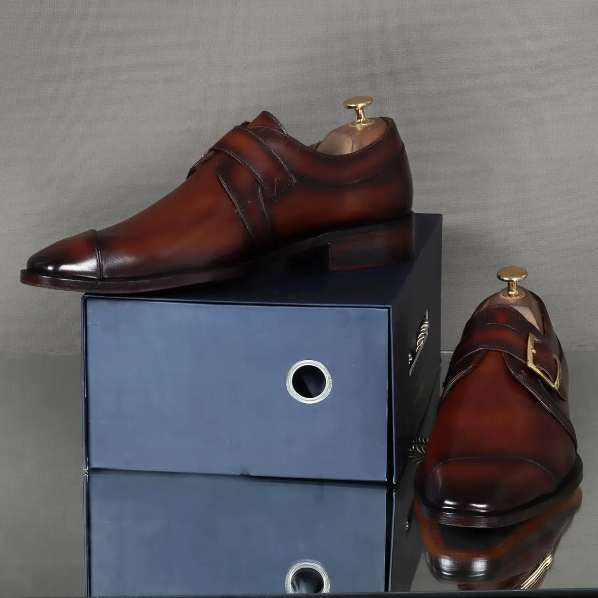 Single Monk Formal Shoes in Espresso Leather Slant Cap Toe Laser Engraved Top Line By Brune & Bareskin