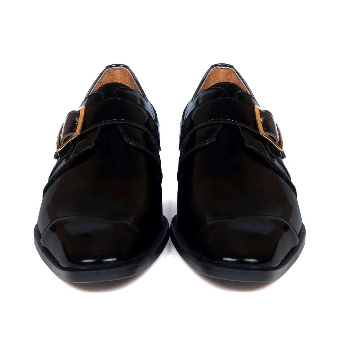 Slant Cap Toe Single Monk Formal Shoes in Black Patent Leather By Brune & Bareskin