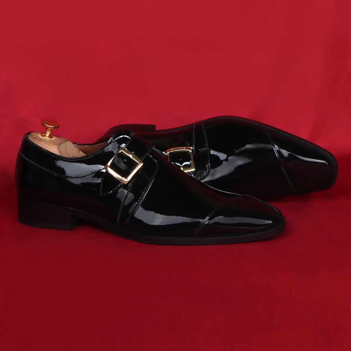 Slant Cap Toe Single Monk Formal Shoes in Black Patent Leather By Brune & Bareskin