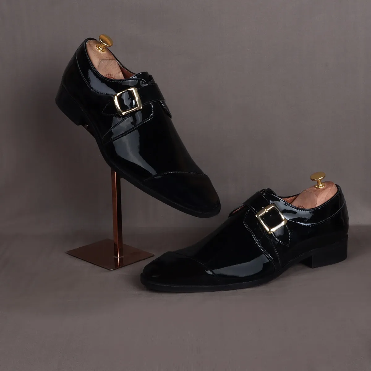 Slant Cap Toe Single Monk Formal Shoes in Black Patent Leather By Brune & Bareskin