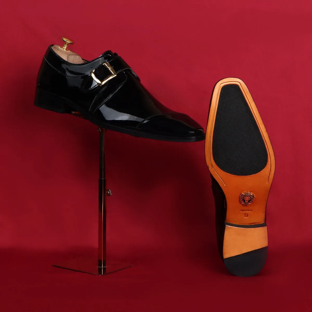 Slant Cap Toe Single Monk Formal Shoes in Black Patent Leather By Brune & Bareskin